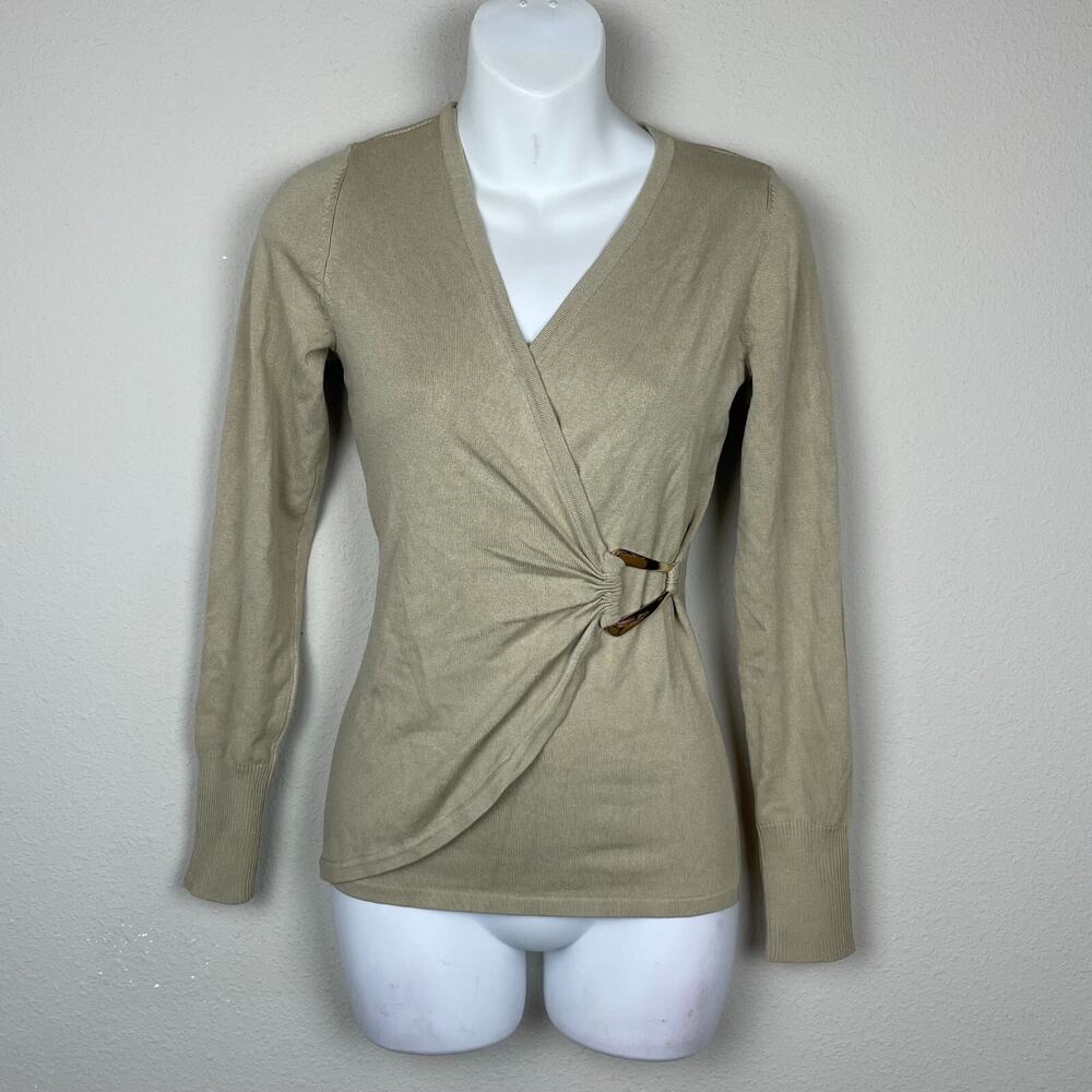 Cache Y2K‎ Tan Knit Surplice Top Gold Buckle Long Sleeve Size S Festival Vintage